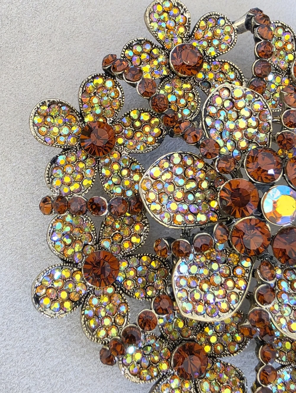 Vintage Oversized Aurora Borealis & Amber Floral Statement Double Pin Brooch